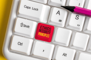 Text sign showing Ethics Integrity Principles. Business photo text quality of being honest and...