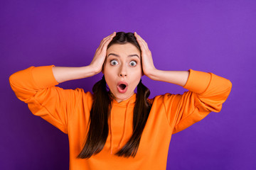 Portrait of impressed disappointed youth girl scream omg hear terrible news novelties wear sportive...