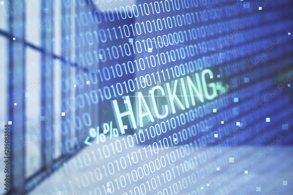 Poster double exposure of hacking theme drawings hologram on empty room interior background. data security 