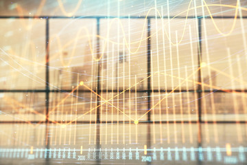 Obraz premium Double exposure of financial chart on empty room interior background. Forex market concept.