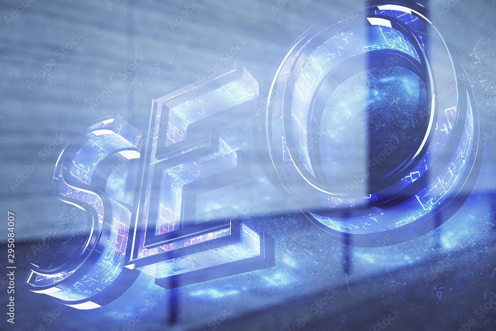 Poster double exposure of seo icon hologram on empty exterior background. data optimization concept