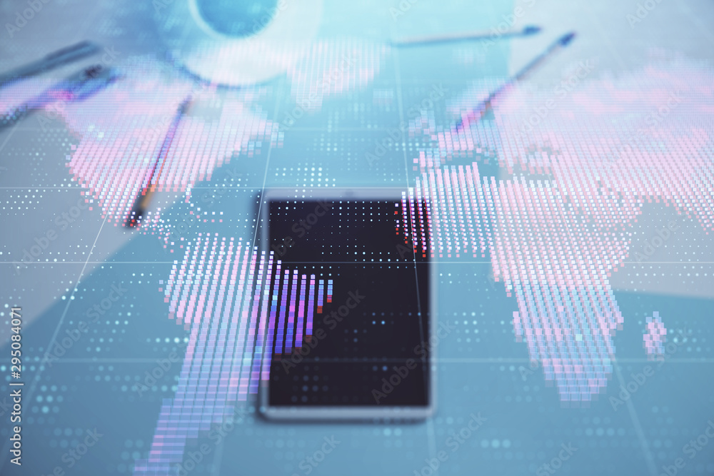 Poster double exposure of world map drawing on digital tablet laying on table background. concept of intern