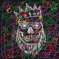 Stylish print drawn by hand. Fashionable skull with crown, glasses and beard on bright abstract background. Colorful vector illustration.