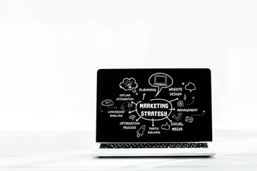 laptop with marketing strategy lettering on screen on white