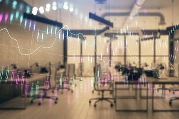 Stock and bond market graph with trading desk bank office interior on background. Multi exposure. Concept of financial analysis