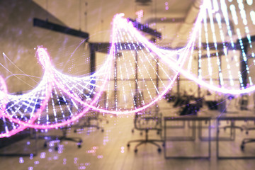 DNA drawing with office interior on background. Double exposure. Concept of education