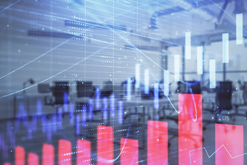 Stock and bond market graph with trading desk bank office interior on background. Multi exposure. Concept of financial analysis