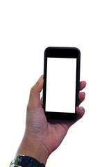 hand holding smart phone with blank screen isolated on white