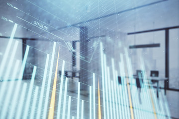 Stock and bond market graph with trading desk bank office interior on background. Multi exposure. Concept of financial analysis