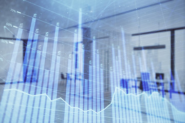 Stock and bond market graph with trading desk bank office interior on background. Multi exposure. Concept of financial analysis