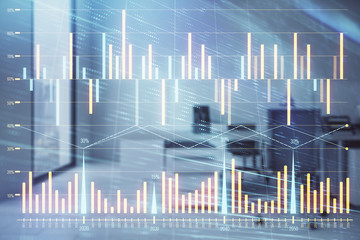 Stock market chart with trading desk bank office interior on background. Double exposure. Concept of financial analysis