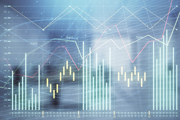 Stock market chart with trading desk bank office interior on background. Double exposure. Concept of financial analysis