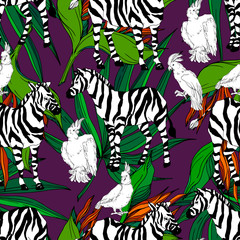Obraz premium Vector Exotic zebra print wild animal isolated. Black and white engraved ink art. Seamless background pattern.