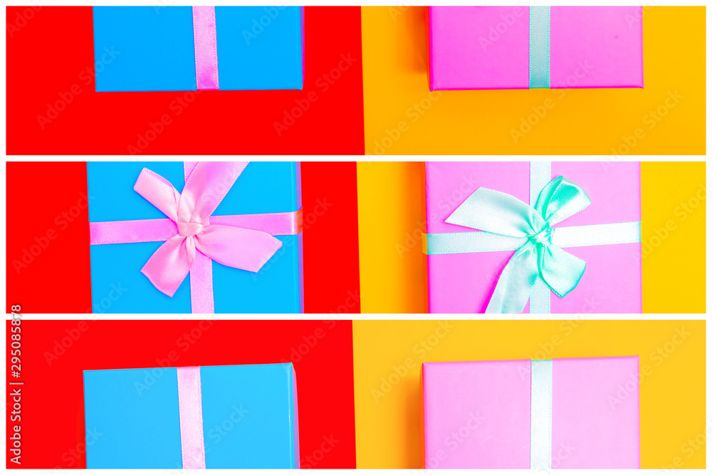 Aufkleber gift box with ribbon on a colorful background. view from above. three sections.