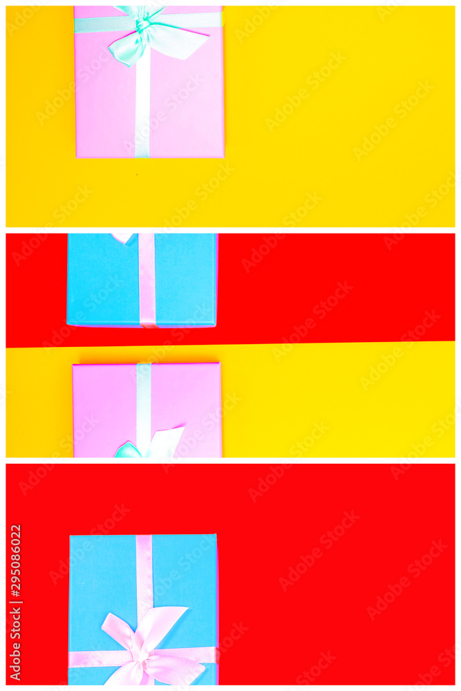 Aufkleber gift box with ribbon on a colorful background. view from above. three sections.