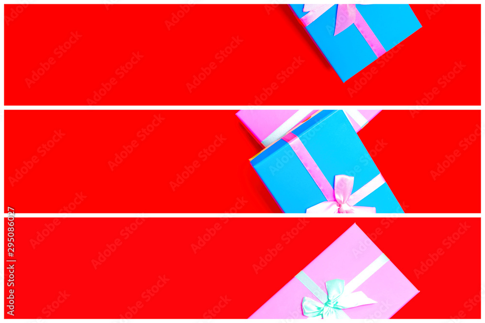 Aufkleber gift box with ribbon on a colorful background. view from above. three sections.