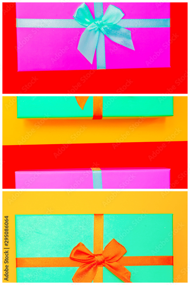 Aufkleber gift box with ribbon on a colorful background. view from above. three sections.