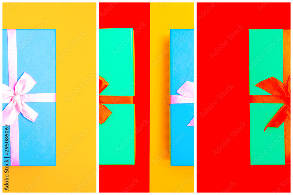 Aufkleber gift box with ribbon on a colorful background. view from above. three sections.