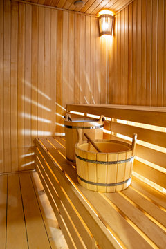 Sauna interior with beautiful rays of lights 