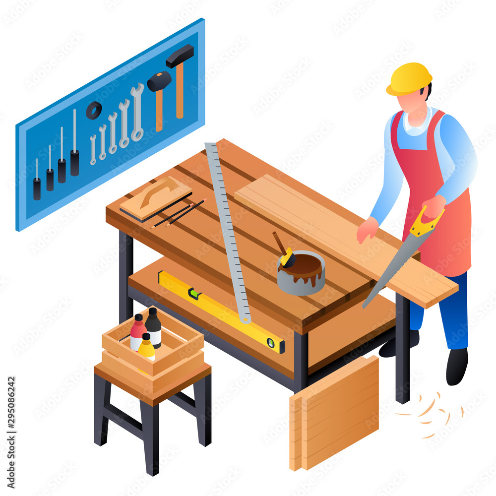 Poster carpenter working concept background. isometric illustration of carpenter working vector concept bac