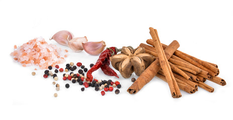 Cinnamon sticks ; Garlic ; red hot chili pepper a  isolated on white background
