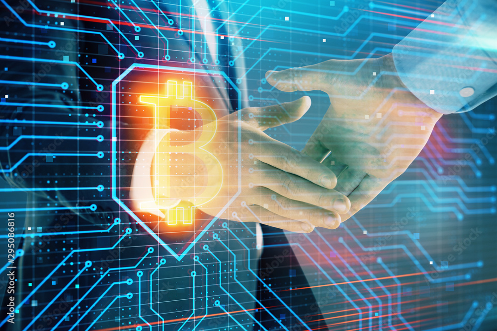 Aufkleber multi exposure of bitcoin sign on abstract background with two men handshake. concept of cryptocurre
