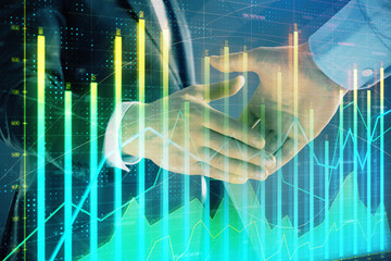 Multi exposure of forex graph on abstract background with two businessmen handshake. Concept of success on stock market