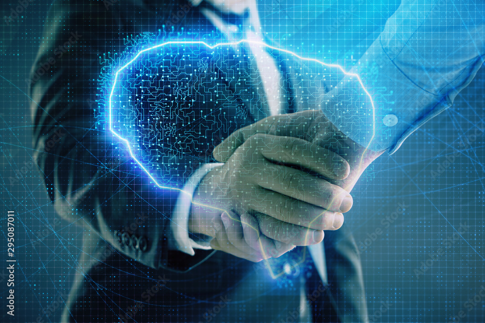 Poster multi exposure of human brain drawing on abstract background with two men handshake. concept of data