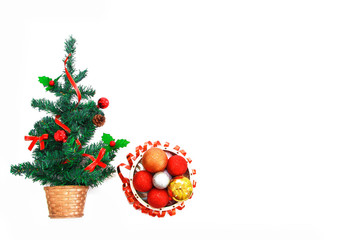 green Christmas tree with decor and shiny colorful toys balls for the New Year holiday