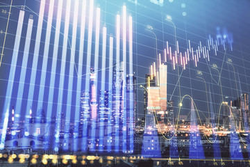 Double exposure of financial chart on Moscow city downtown background. Concept of stock market analysis