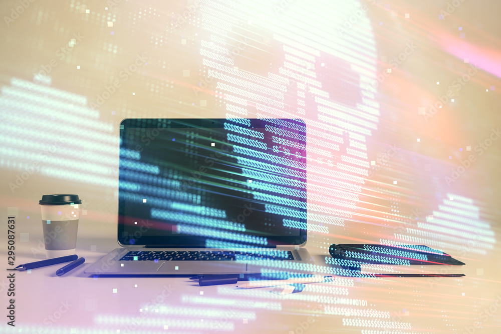 Poster hacking theme hologram with desktop office background. double exposure.