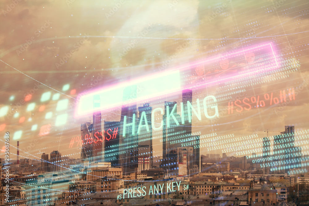 Poster double exposure of hacking theme drawing hologram on cityscape background. concept of data cyber pir