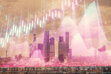 Double exposure of financial graph on downtown veiw background. Concept of stock market research and analysis