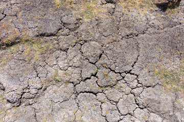 Dry earth with cracks on arid soil surface seen from above. Environmental signs of climate change and global warming