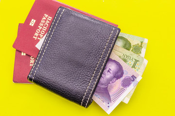 Tourist or busines set for travel. Passport, money and wallet. chinese yuan