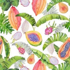 Tropical watercolor pattern with papaya, dragonfruits, cocoa and pears.