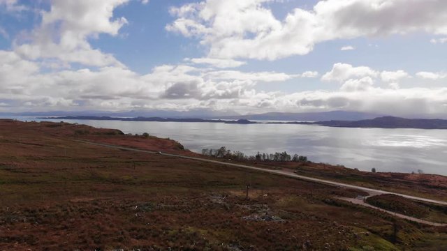 Scotland Highlands Aerial View Over Sound Of Ramsay Isle Of Skye Heathland The Storr