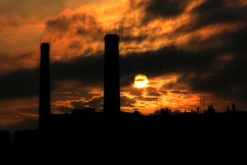Dark Shadow silhouette Industrial landscape pipes sunset clouds