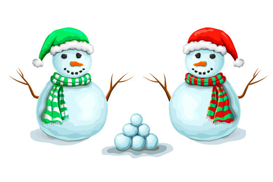 collection of couple snowmen with snowballs, isolated on white background. Cute smiling snowmen set in santas hats and scarfs. xmas or winter symbol. hand drawn cartoon holidays characters