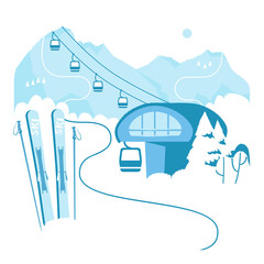 Ski resort vacation with ski lift. Winter outdoor holiday activity sport in alps, landscape with mountain view and forest, Ski equipment in the foreground. Flat style