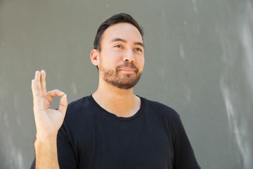Excited happy guy making ok sign. Handsome young man showing okay hand gesture. Positive feedback...