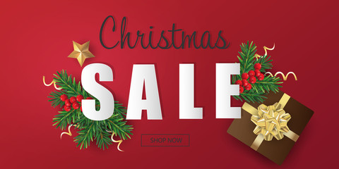 Merry Christmas and Happy New Year. Christmas sale banner in red background with gift boxes and decoration.
