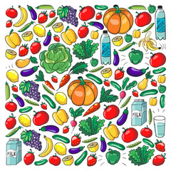 Vector pattern with healthy food. Fruits and vegetables. Milk, dairy products. Pattern for store, mall, menu, cafe, restaurants.