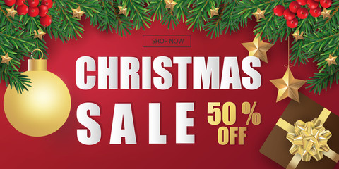 Merry Christmas and Happy New Year. Christmas sale banner in red background with gift boxes, Christmas tree branches and decoration.