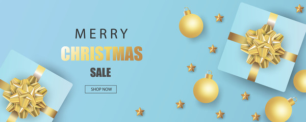 Merry Christmas and Happy New Year. Christmas sale banner in blue background with gifts box and decoration.