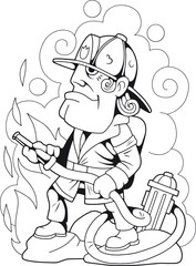 cartoon brave fireman fighting fire, coloring book, funny illustration