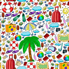 Vector seamless pattern. Summer vacations. Travel and adventures. Beach, ocean, island, sun