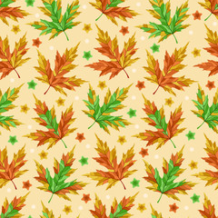 Autumn leaves seamless pattern. Vector Illustration. Beige Color Background.