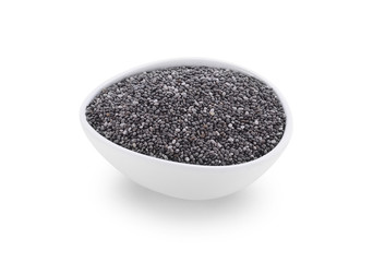 Chia seeds in bowl isolated on white background.
