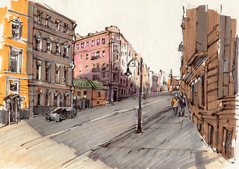 City landscape.  Sketch ink and  markers.